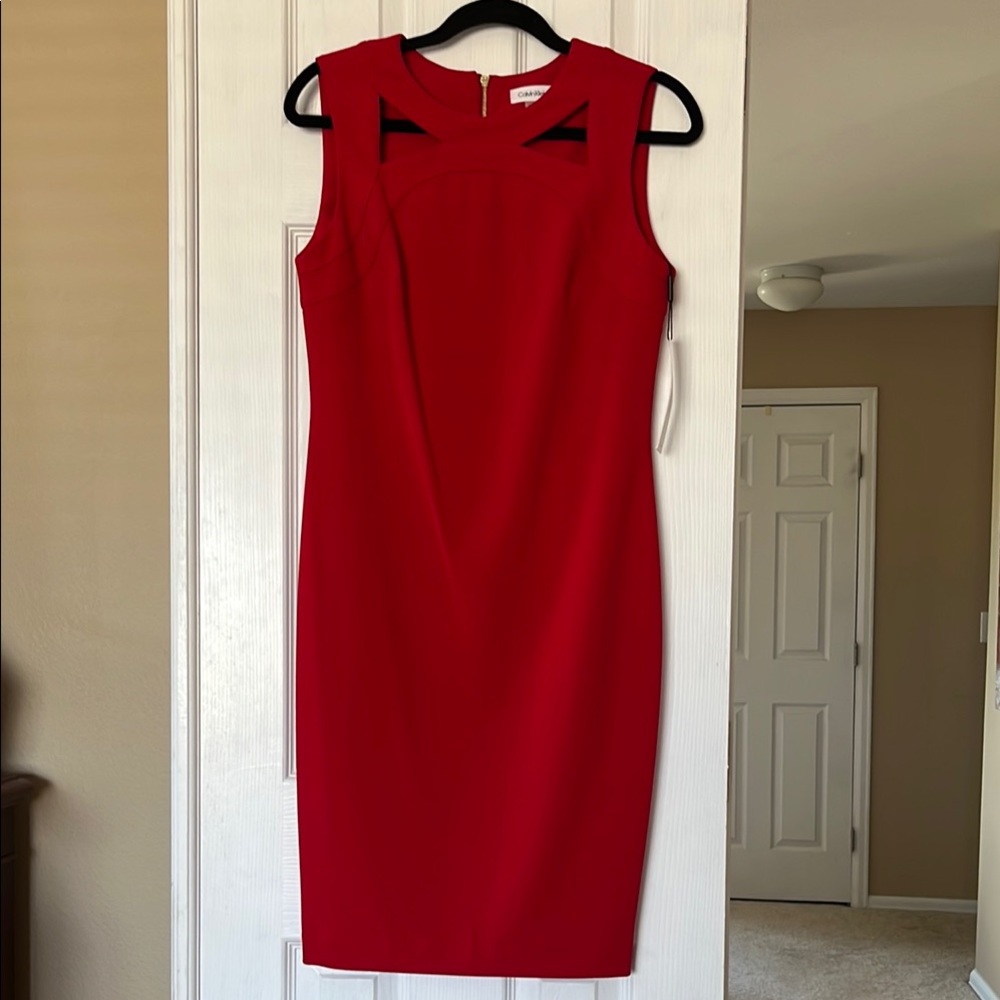 Calvin Klein Red Sleeveless Sheath Mini Dress With Sexy Cutout Sz 8